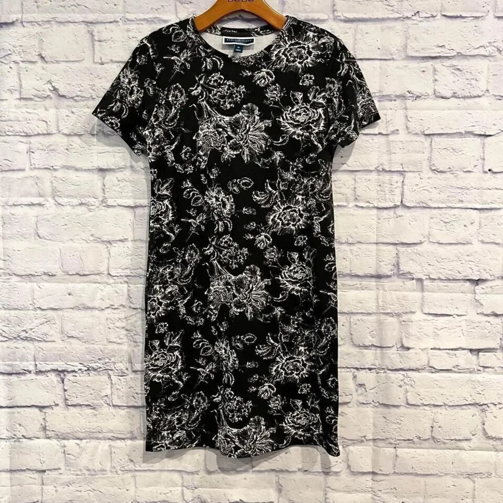 Karen Scott Sports Women’s Black‎ White T-Shirt Dress Petite 2P Short Sleeve